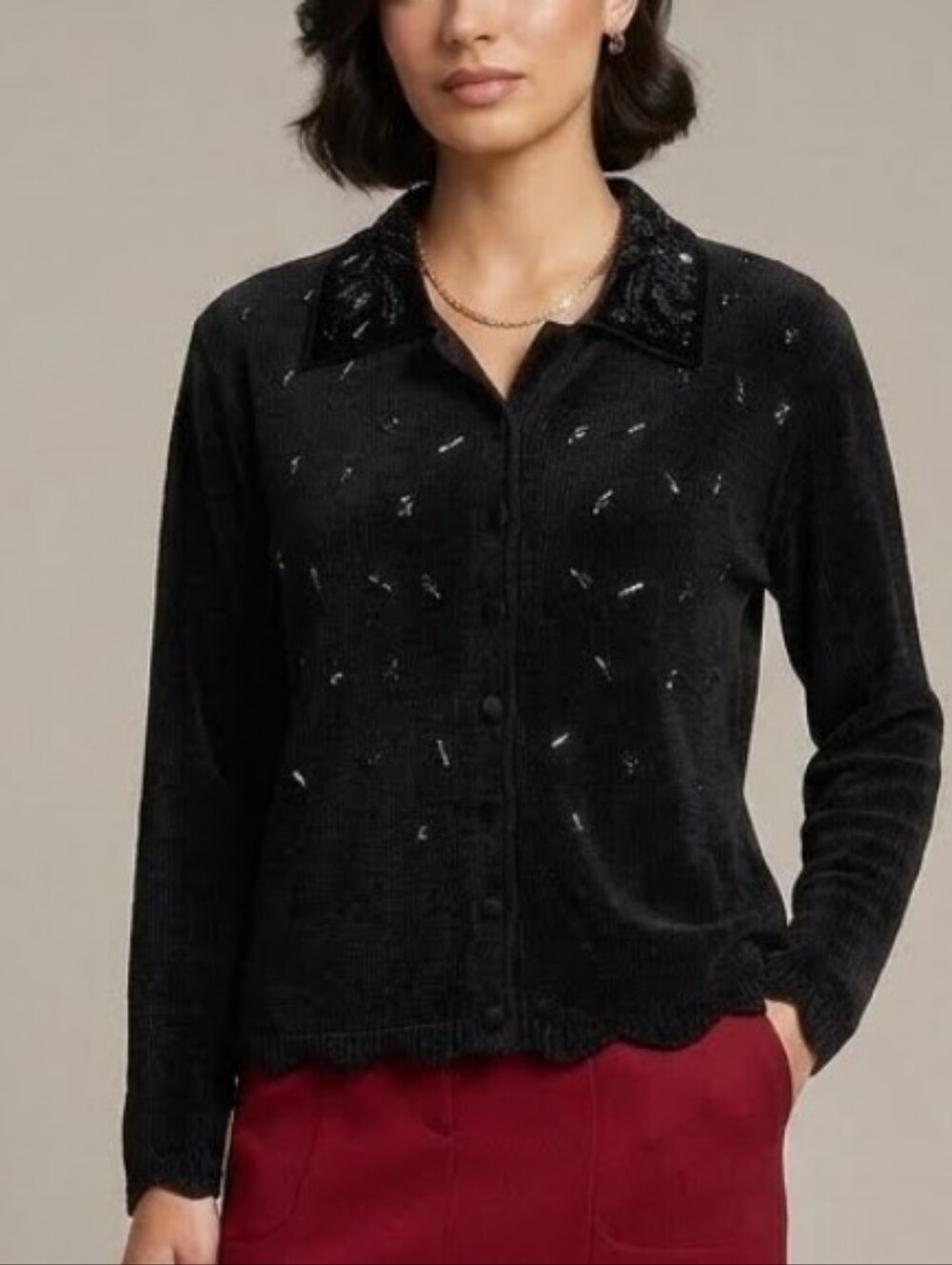 Vintage Erika & Co Velvet & Sequin Embellished Button Knit Cardigan